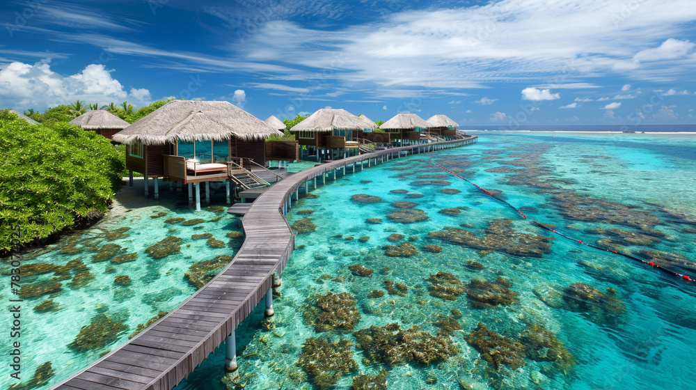 Tropical Resort, Luxurious tropical resort with overwater villas and a clear blue ocean.