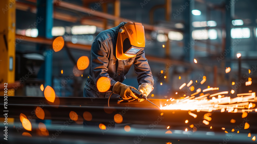 Industrial Welding, Industrial worker in protective gear welding steel bars with sparks flying. Industrial Welding, Industrial worker in protective gear welding steel bars with sparks flying.