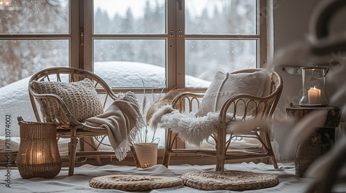 Cozy Winter Corner  A cozy indoor nook with a view of snow outside and warm lighting.