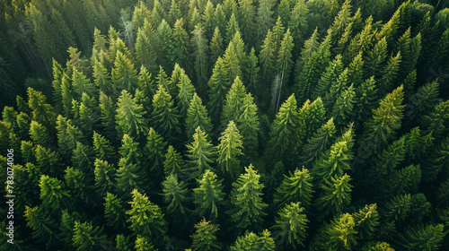 Forest Canopy, Aerial view of dense green pine forest, showcasing nature's vastness.