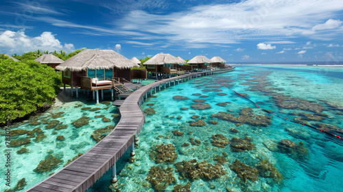 Tropical Resort  Luxurious tropical resort with overwater villas and a clear blue ocean.