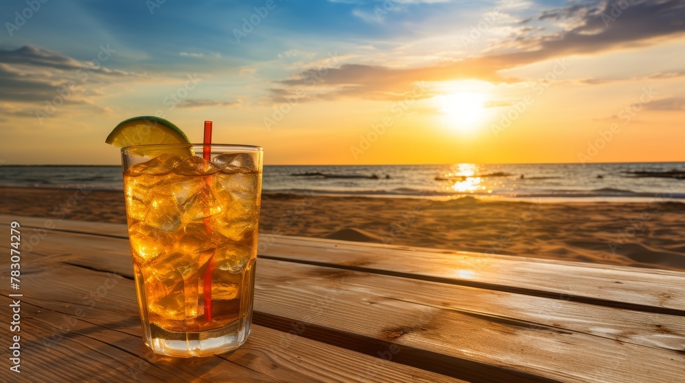 Refreshing ice tea on beach at sunset with empty copy space for text or design elements Refreshing ice tea on beach at sunset with empty copy space for text or design elements