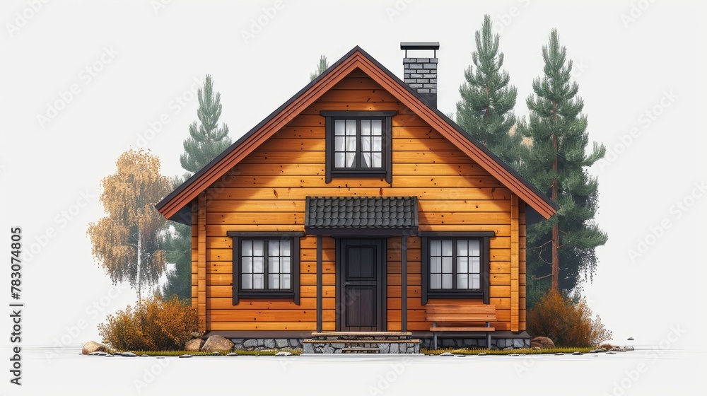 Rustic Log Cabin Illustration in Forest Setting