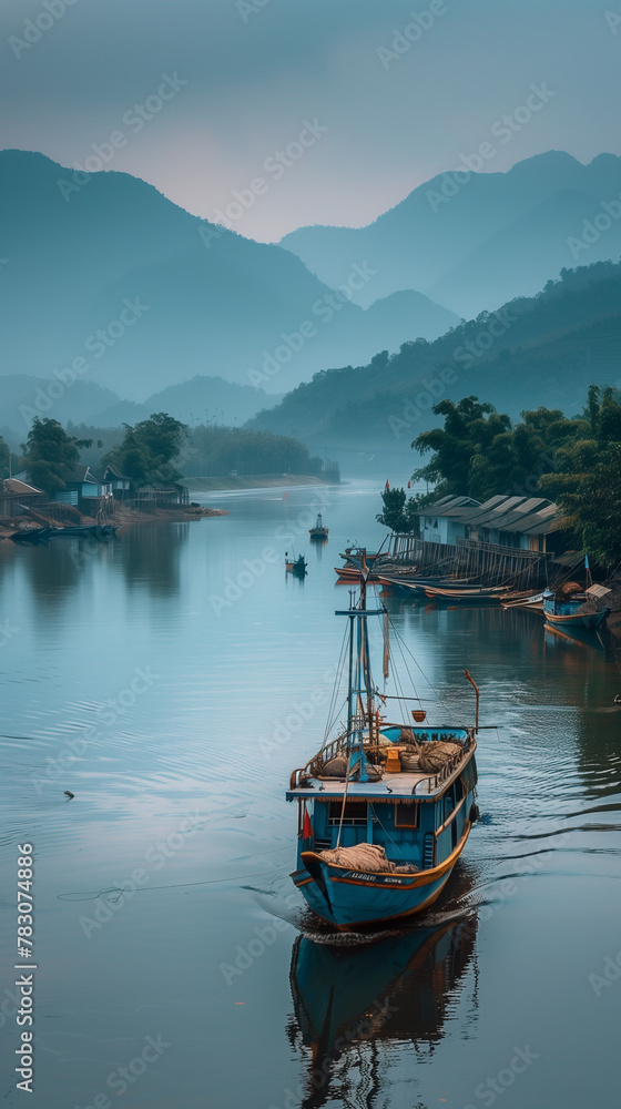 Serene River Landscape with Traditional Boat and Misty Mountains