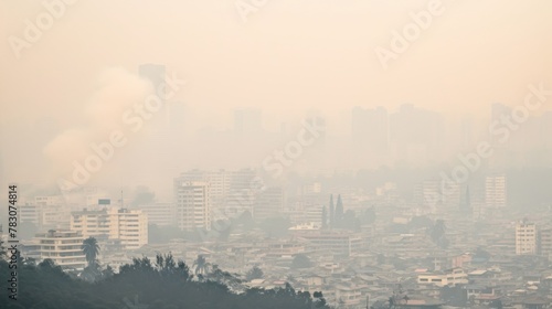 Cityscape engulfed in heavy smog haze