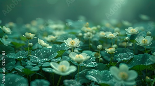 Serene Close-Up View of Wet and Reflective Field of White Flowers