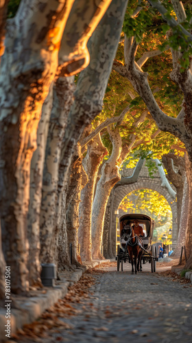 Enchanting Tree-Lined Path with Horse Carriage at Sunset