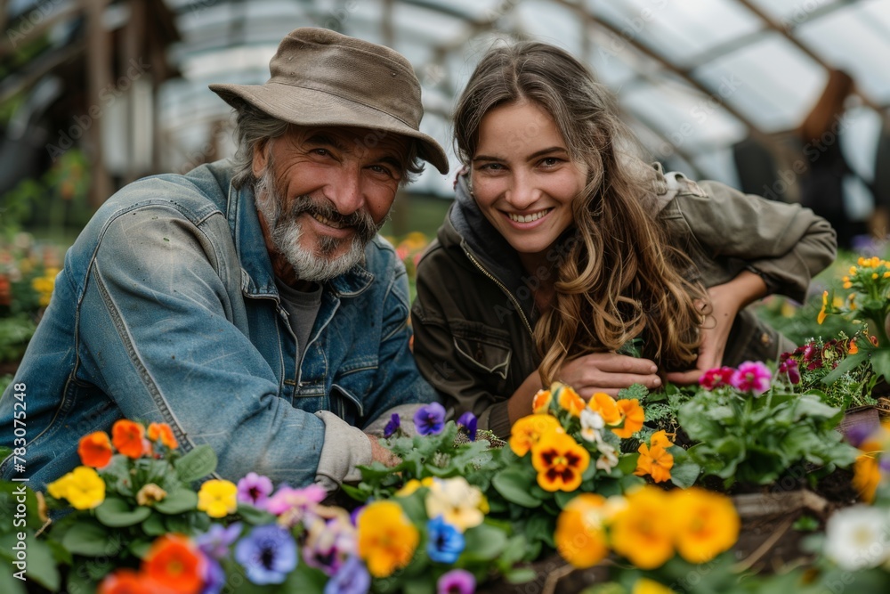 Two people smiling in a greenhouse surrounded by colorful flowers.