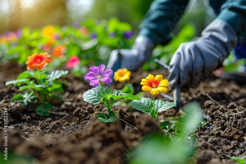 Hands planting vibrant flowers in rich soil with sunlight.
