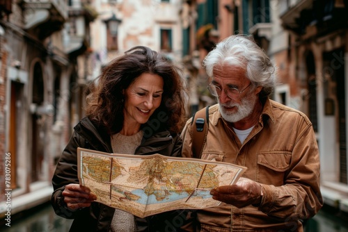Smiling senior couple with map on quaint street.
