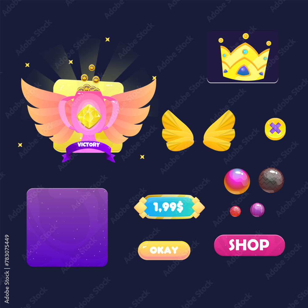 Set Of UI For Game Shop Crown Price Sale Pop Up Window With Abstract Background Night Sky Space Planets With Stars And Fog Pink Purple Orange Yellow Red  Win Badge Vector Design