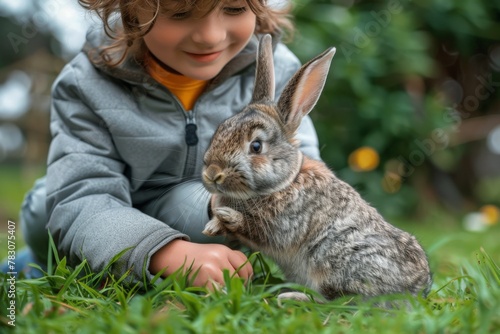 A young boy crouches in the grass, gently interacting with a wild rabbit, showing curiosity and care.