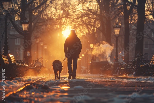 Silhouette of a person walking their dog on a wintry, snowy street at sunrise. photo