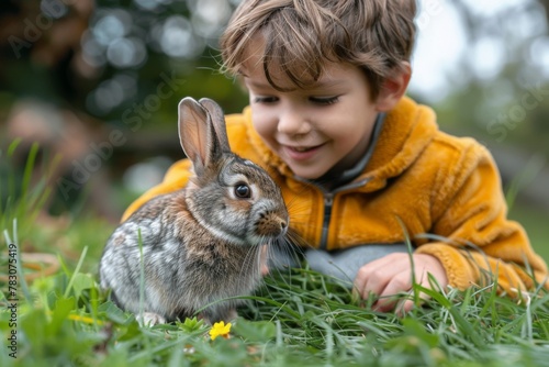 Young child in yellow jacket adoringly interacts with a brown rabbit. photo