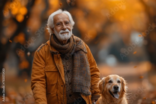 Elderly gentleman in a mustard coat walking with his golden retriever against an autumn backdrop.