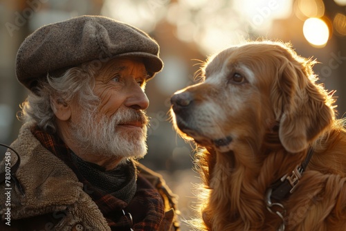 An older man in a tweed cap shares a tender moment with his attentive golden retriever.