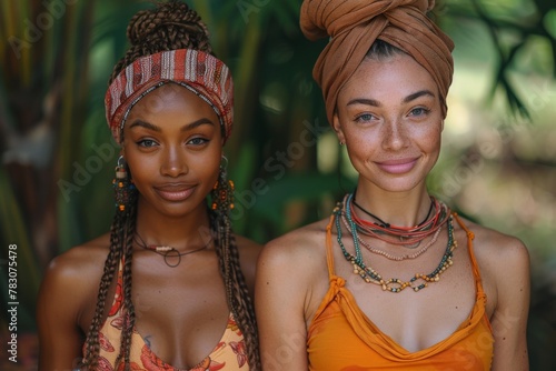 Two vibrant women with headwraps and beads, embodying cultural beauty and sisterhood.