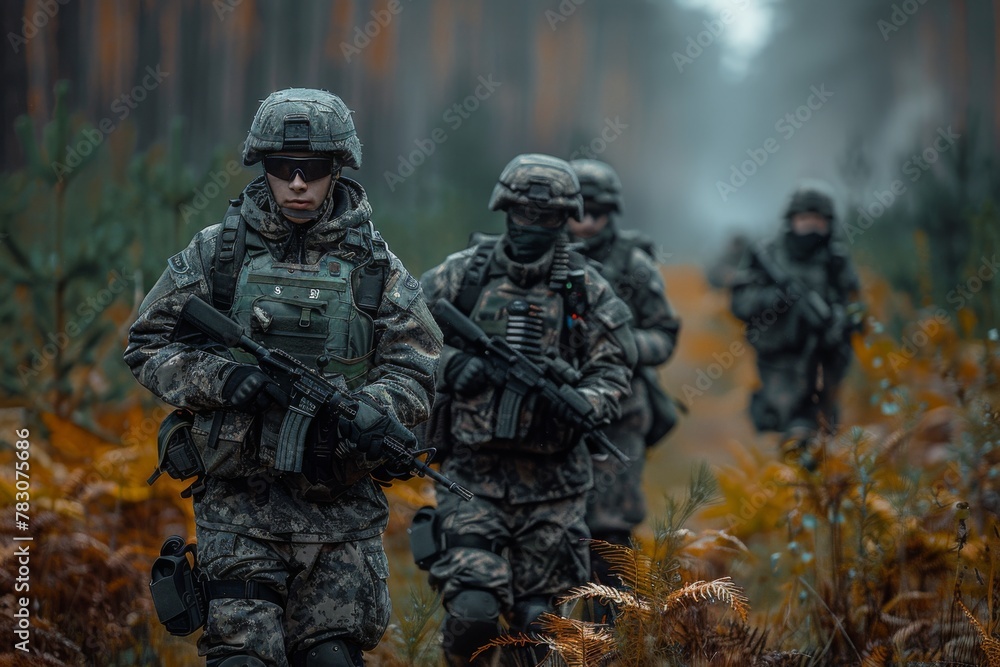 Soldiers on patrol through a dense forest, the gravity of duty etched on their faces.