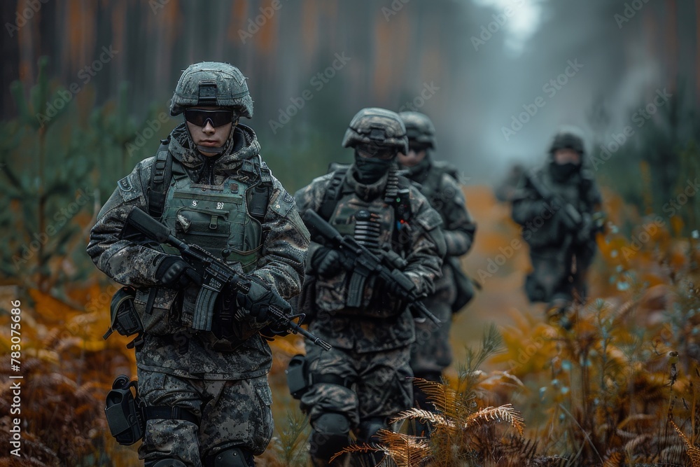 Soldiers on patrol through a dense forest, the gravity of duty etched on their faces. Soldiers on patrol through a dense forest, the gravity of duty etched on their faces.