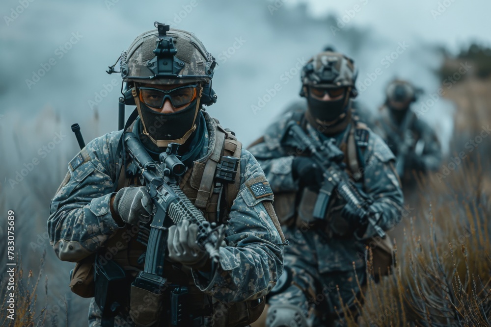 Armed soldiers in camo with tactical equipment moving through brush.