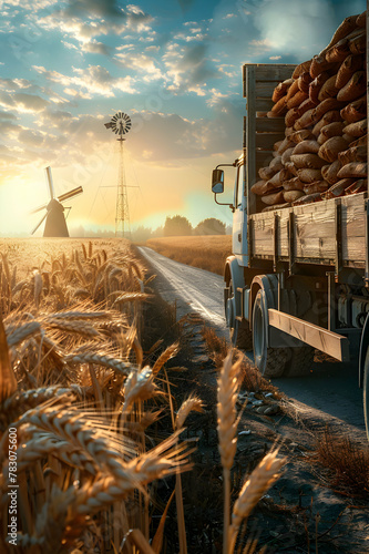 Cargo truck full of bakery products on the road in the ripe wheat field with windmill and sunset. Concept of high quality food products, local farming, cargo and shipping.