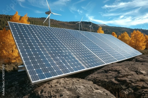 Solar panels and wind turbine amidst a vibrant autumn landscape, symbolizing a sustainable future and renewable energy.