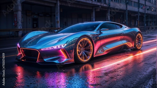 A futuristic brand-less generic concept Sports car on the road in the city at night with a long exposure © i7 Binno