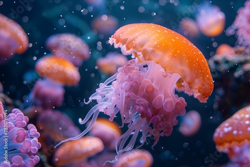 Vibrant orange jellyfish floating peacefully