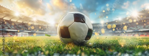 A football on a stadium with flying ball .Sport concept