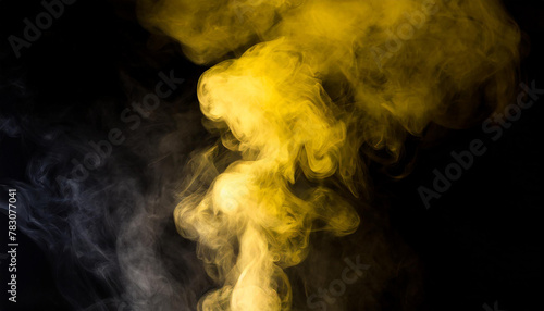 Motion yellow explosion smoke, fluid splash vapor cloud, ink in water, texture art black background