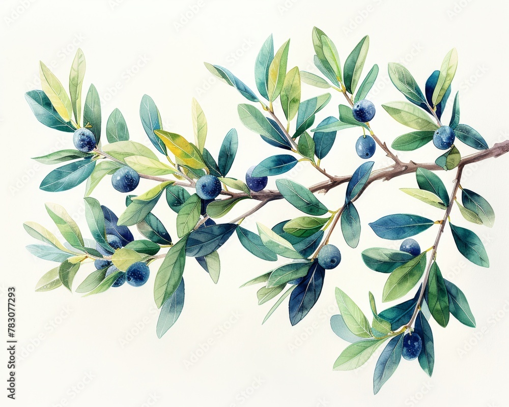 Watercolor olive branches with leaves and olives, symbolizing peace and abundance in the style of minimal watercolor clipart on white background