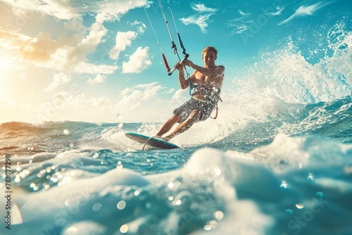 Adventurous young man riding the waves while kitesurfing in the ocean