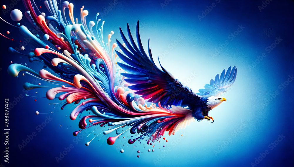 Obraz premium An eagle in flight, its wings and feathers transforming into a vibrant splash of liquid art, against a deep blue backdrop.
