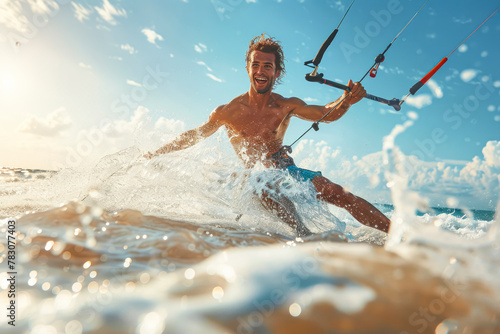 Adventurous young man catches the wind while kitesurfing in the ocean
