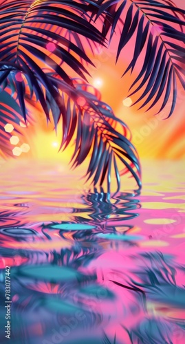 tropical trees in dark purple and pink color with reflection on the sea. Summer leisure fantasy concept