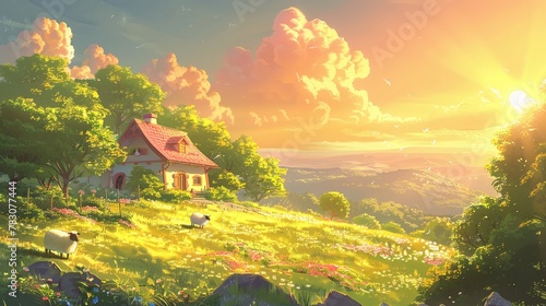 Nintendoinspired game art showing a peaceful rural landscape wit photo