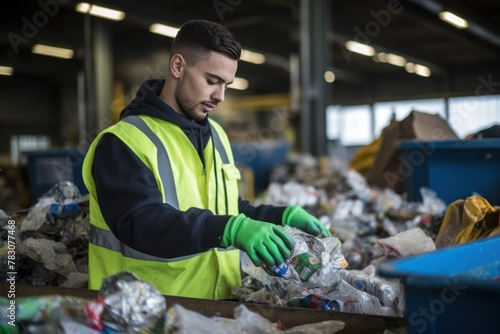 Focused male employee sorting recyclables at waste station © Photocreo Bednarek