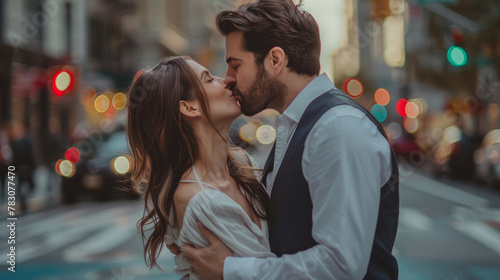 Urban romance affectionate couple's kiss 