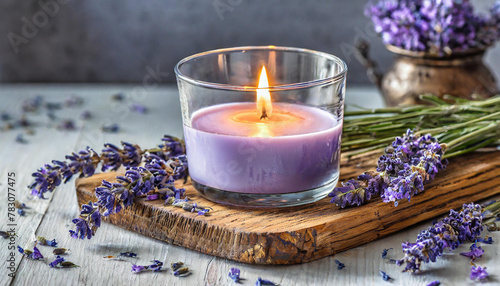 Soy candle with lavender scent in glass jar. Scented wax candle on wooden board for home interior.