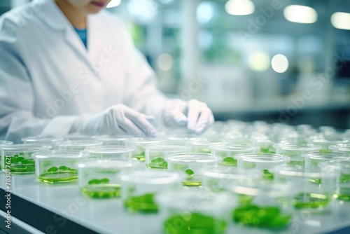 Focused researcher with green samples in lab © Photocreo Bednarek