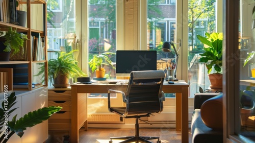 Organized Home Office With Desk  Chair  Bookshelf  and Potted Plants