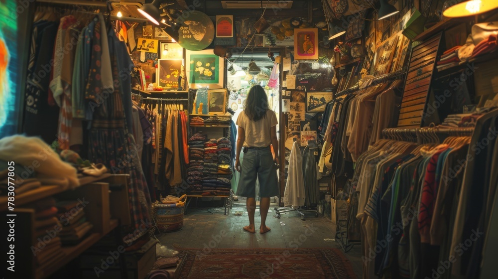 A woman stands in an art-filled room surrounded by clothes, creating a visually striking scene