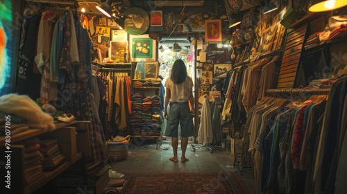 A woman stands in an art-filled room surrounded by clothes  creating a visually striking scene