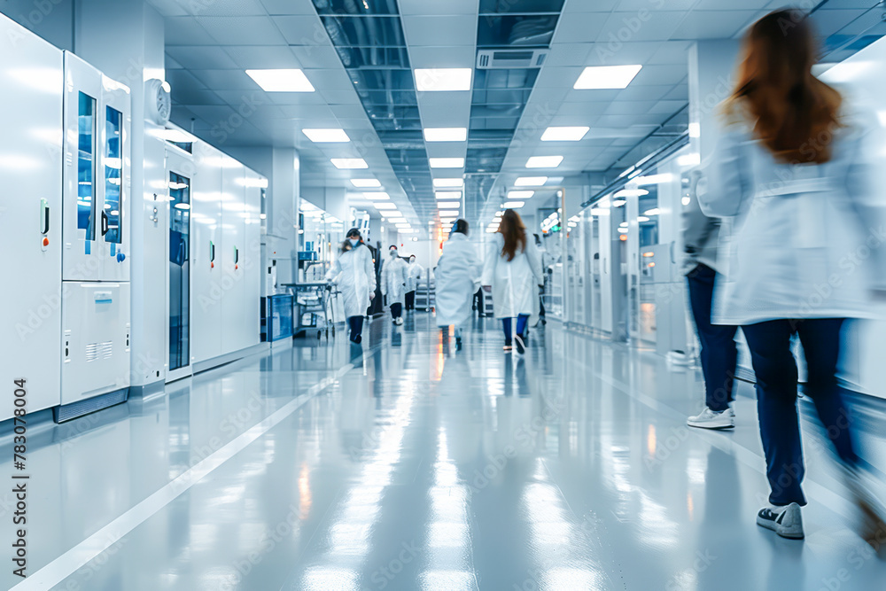 Fototapeta premium Cutting-edge Medical Research Lab: Blurred Figures in White Coats