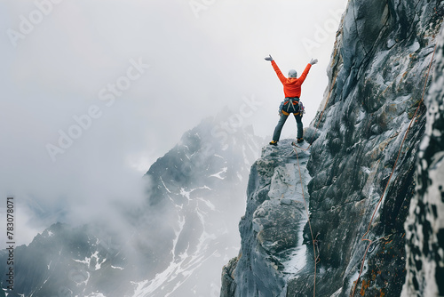 mountain climber on a mountain peak on the beautiful snowy misty landscape
