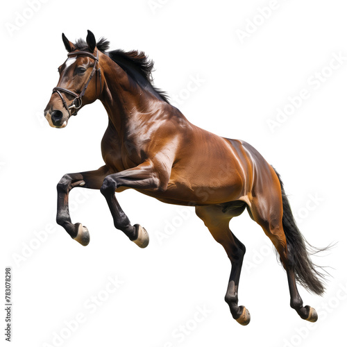 Animated brown horse mid-jump on white