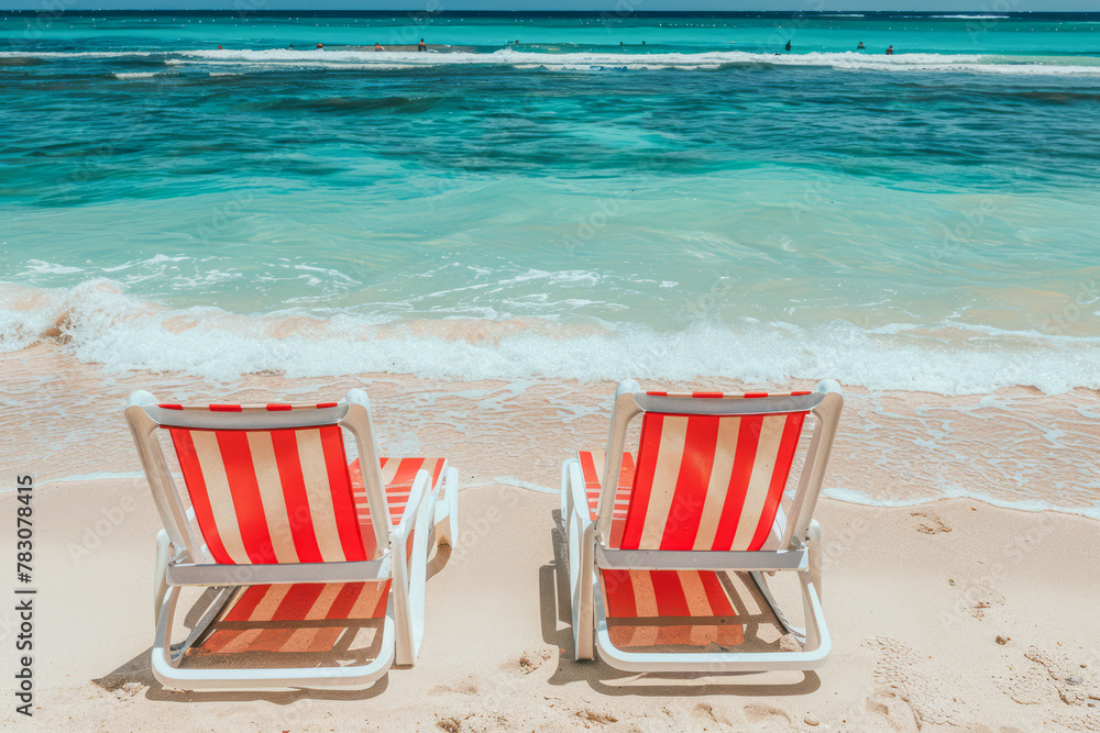 Sun-Kissed Serenity: Tropical Beach Bliss with Striped Red-White Sunbeds for Ultimate Tourist Relaxation Sun-Kissed Serenity: Tropical Beach Bliss with Striped Red-White Sunbeds for Ultimate Tourist Relaxation