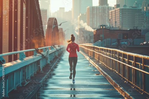 Female Athlete Conquers Urban Landscape: Running Across City Bridge photo