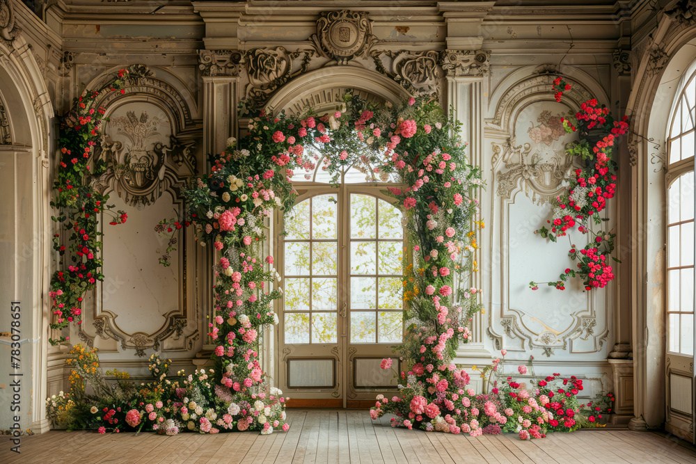 French Indoor Room Blooms: Capturing a Floral Arch with Flowers in a Stunning Photoshoot