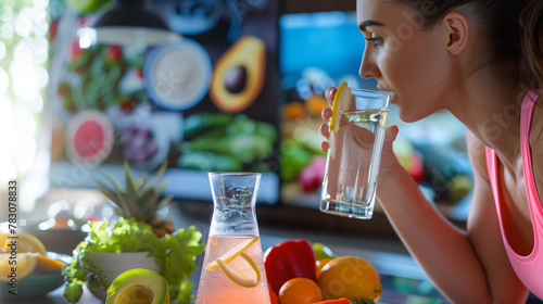 Woman in activewear drinking lemon water, healthy lifestyle and hydration concept, vibrant kitchen setting with fresh fruits and vegetables in the background.
